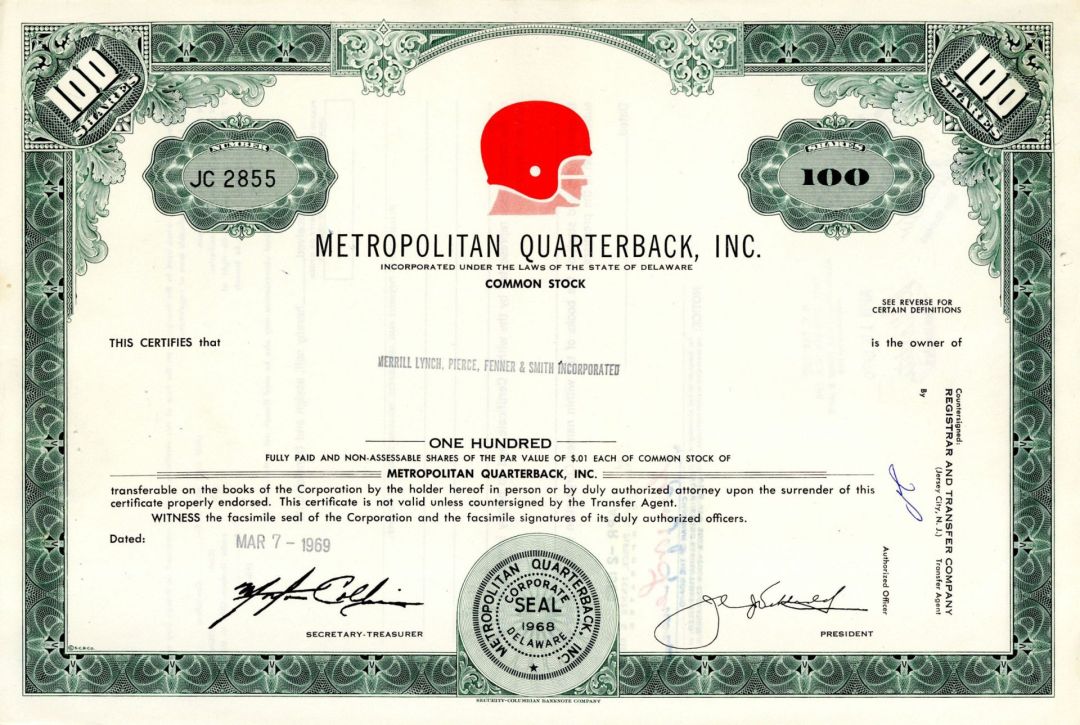 Metropolitan Quarterback, Inc. - 1969 or 1970 Sports Stock Certificate