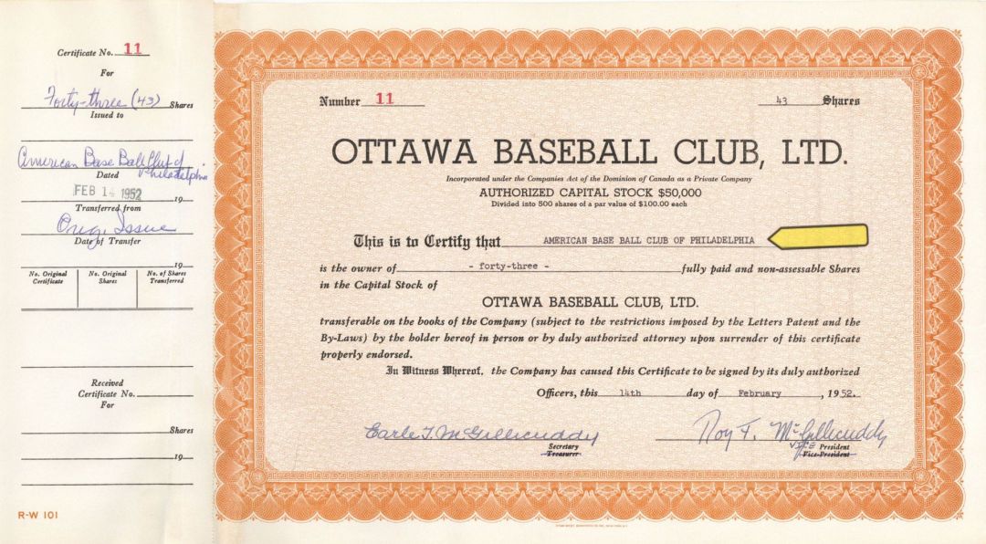 Ottawa Baseball Club, Ltd. - 1952 dated Sports Stock Certificate