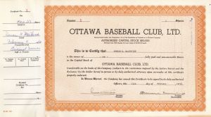 Ottawa Baseball Club, Ltd. - 1952 dated Sports Stock Certificate