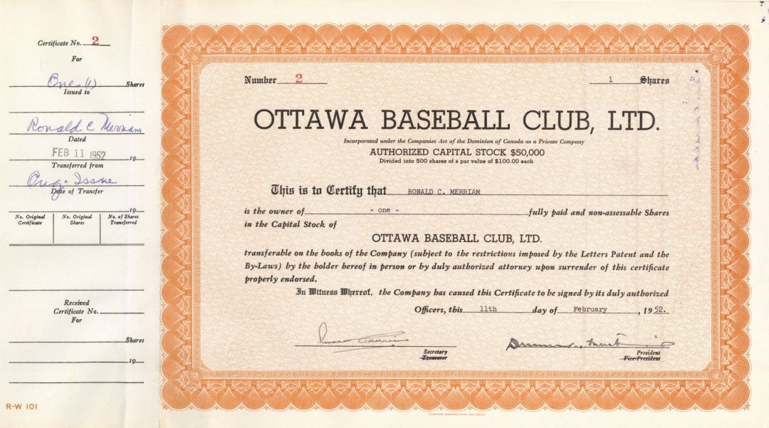 Ottawa Baseball Club, Ltd. - 1952 dated Sports Stock Certificate