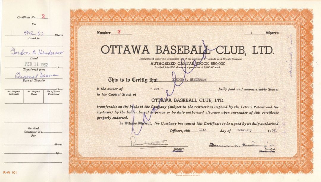 Ottawa Baseball Club, Ltd. - 1952 dated Sports Stock Certificate