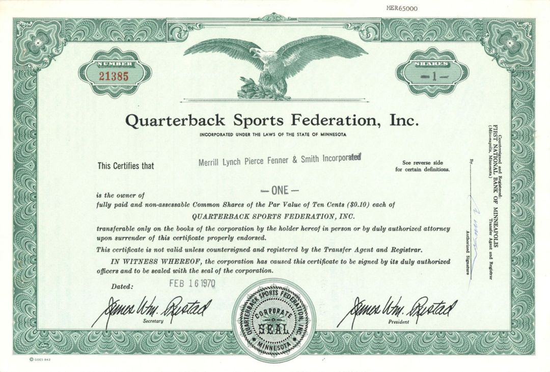 Quarterback Sports Federation, Inc. - 1970's Sports Stock Certificate and Transfer Sheet
