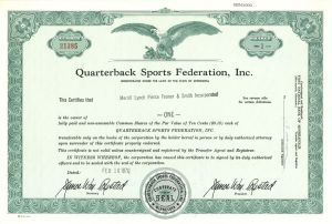 Quarterback Sports Federation, Inc. - 1970's Sports Stock Certificate and Transfer Sheet