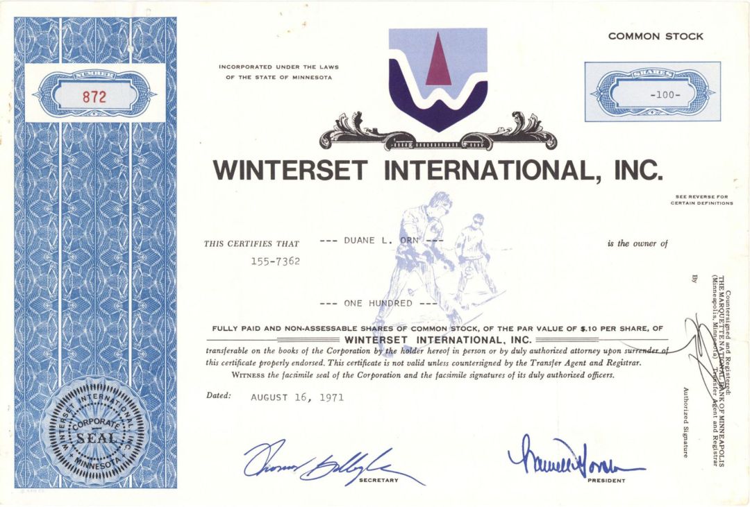 Winterset International, Inc. - 1971 Sports Stock Certificate