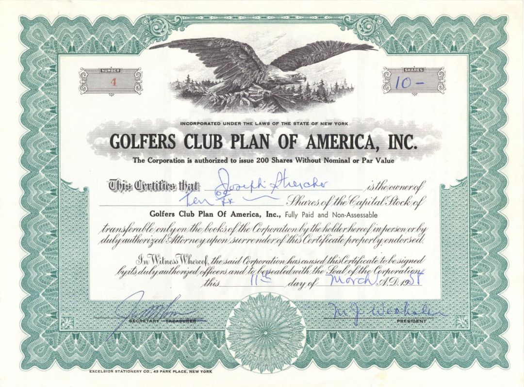 Golfers Club Plan of America, Inc. - Stock Certificate