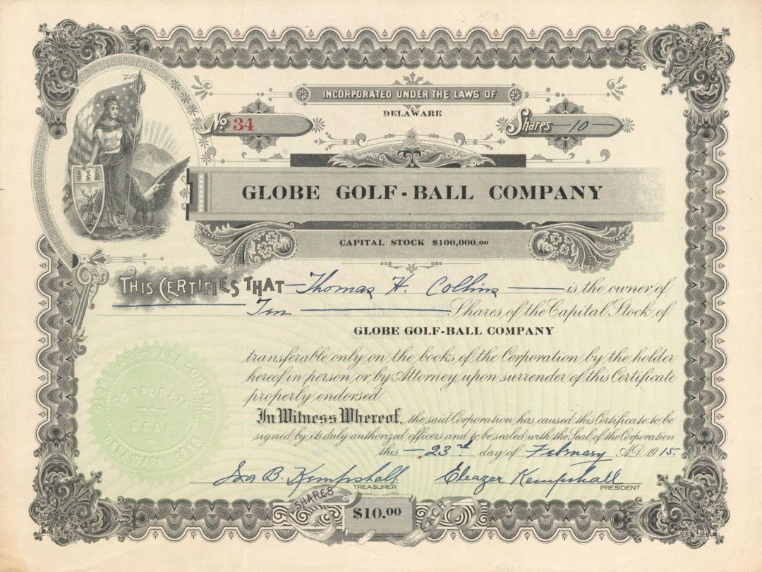 Globe Golf-Ball Co. - 1915 dated Stock Certificate