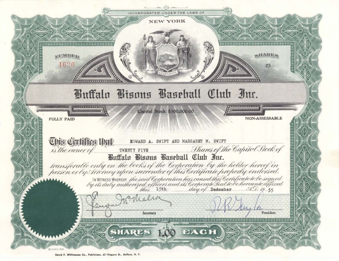 Buffalo Bisons Baseball Club Inc. - 1955 dated Stock Certificate