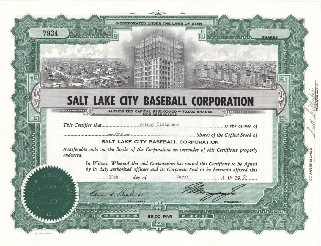 Salt Lake City Baseball Corp. -  1959 dated Stock Certificate