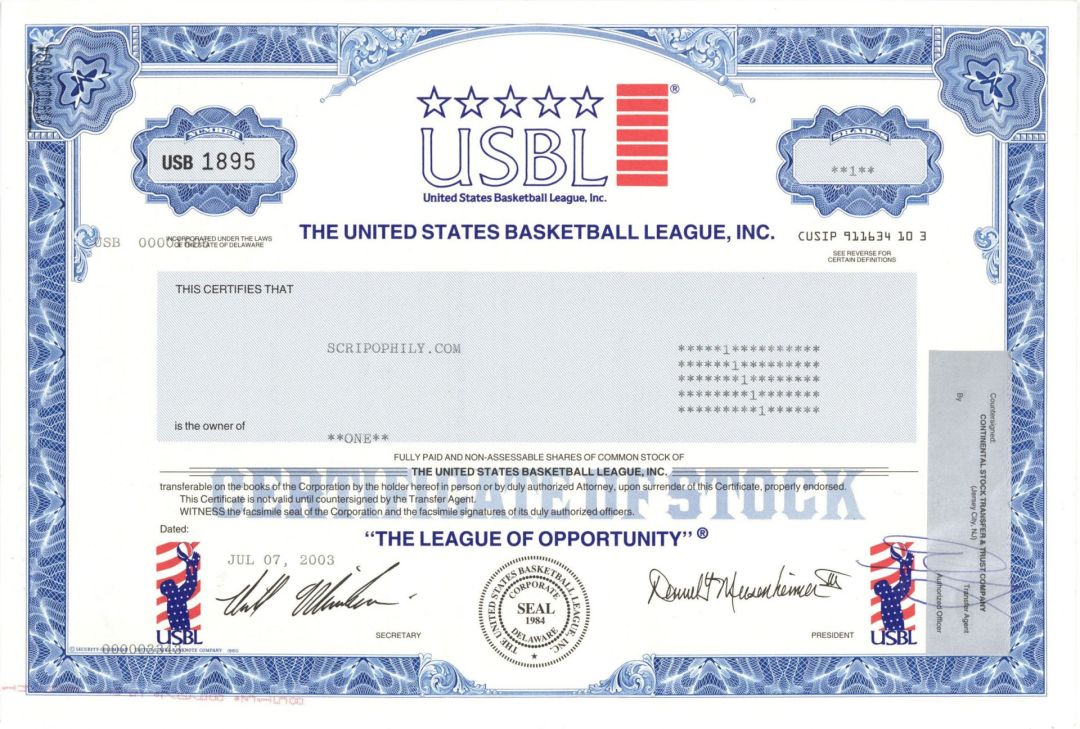 United States Basketball League, Inc.(USBL) -  2003 dated Stock Certificate
