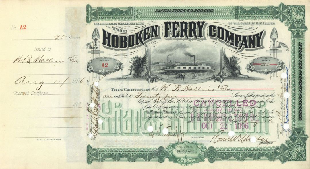 Hoboken Ferry Co. - 1896 or 1897 dated Shipping Stock Certificate