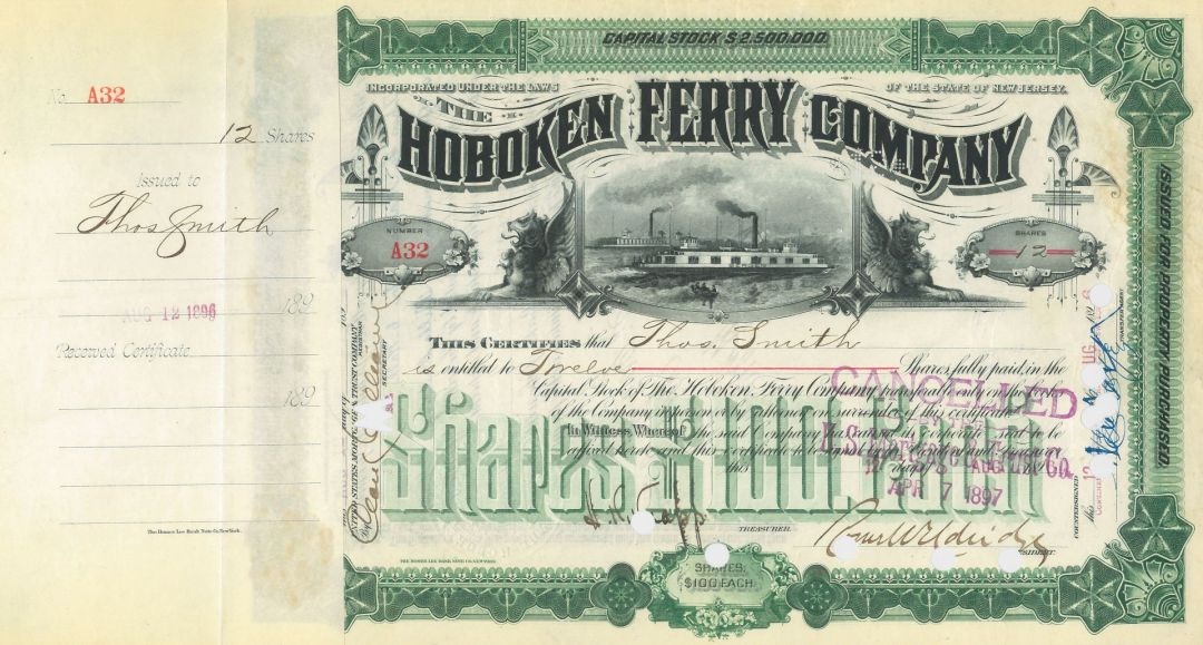 Hoboken Ferry Co. - 1890's-1910 dated Shipping Stock Certificate - Very Famous - Connected to the Lehman Family