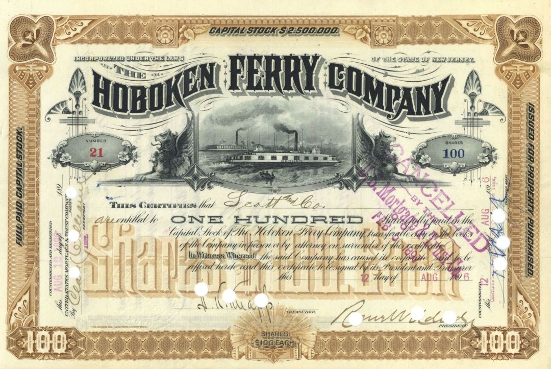 Hoboken Ferry Co. - 1890's-1910 dated Shipping Stock Certificate - Very Famous - Connected to the Lehman Family