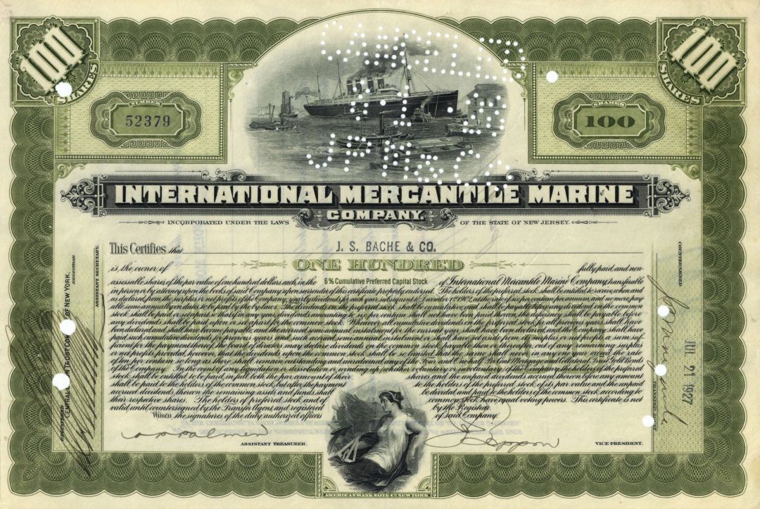 International Mercantile Marine Co. - Company that Made the Titanic - 1915-20's dated Shipping Stock Certificate - Available in Green, Purple, Olive or Blue - Please Specify Color Desired