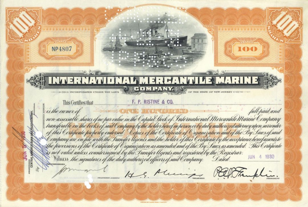 International Mercantile Marine - Company that Made the Titanic - 1930's-40's dated Stock Certificate