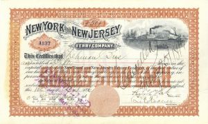 New York and New Jersey Ferry Co. - Brown Issued to Lehman Brothers - 1896 dated Shipping Stock Certificate
