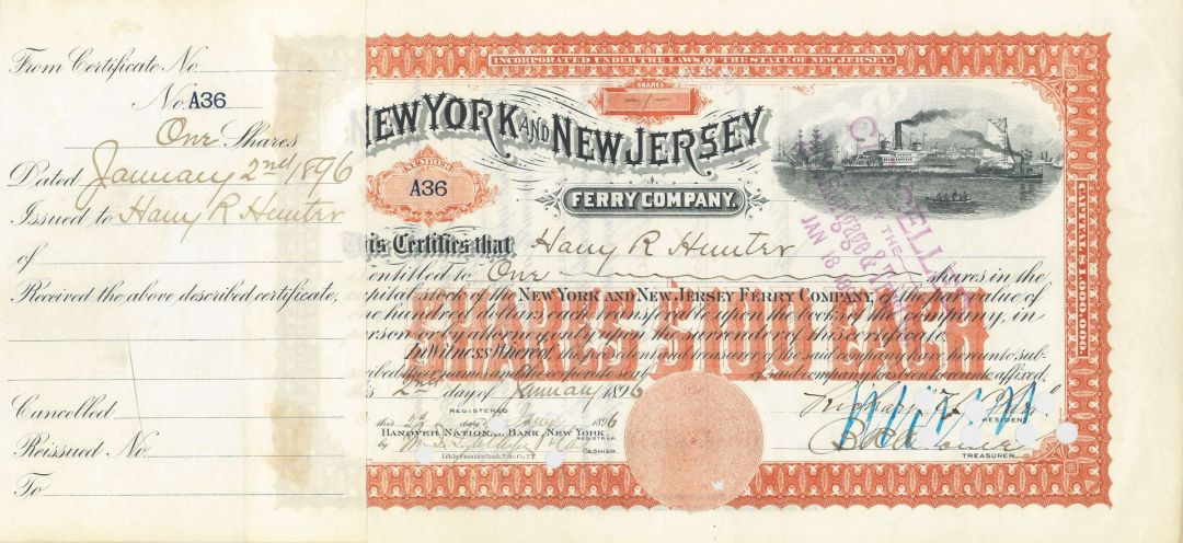 New York and New Jersey Ferry Co. - 1890's dated Shipping Stock Certificate