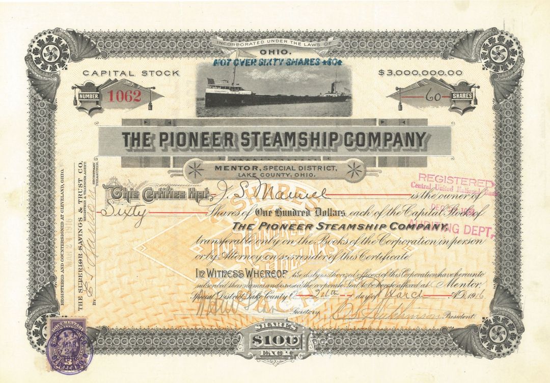 Pioneer Steamship Co. - Stock Certificate