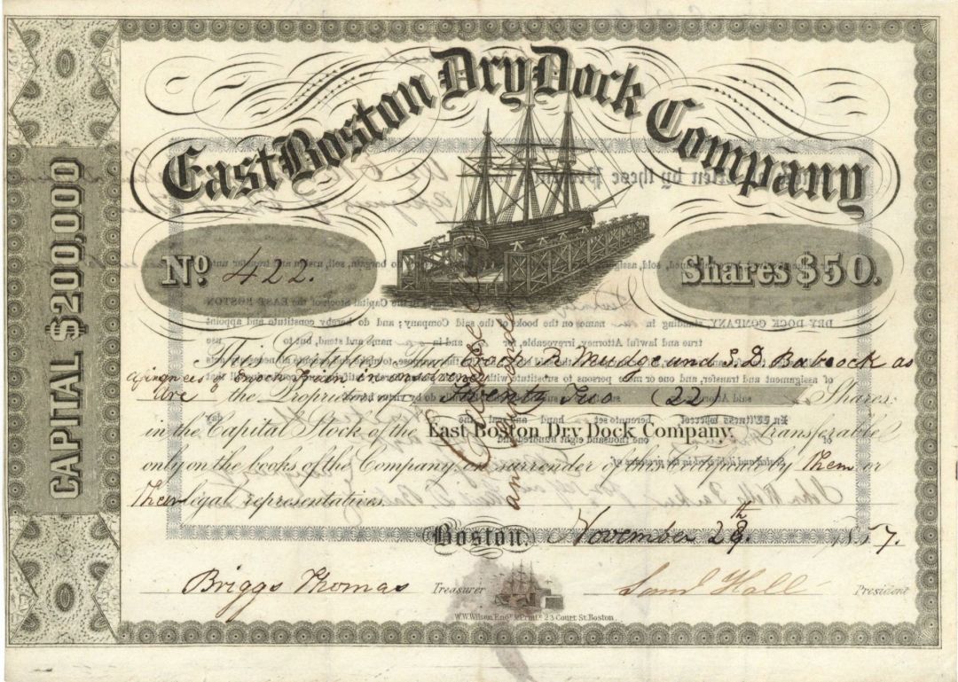 East Boston Dry Dock Co. - 1852-73 dated Massachusetts Shipping Stock Certificate