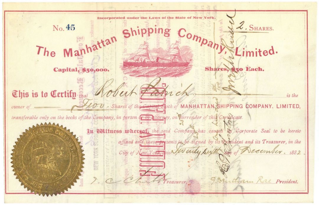 Manhattan Shipping Co., Limited - Shipping Stock Certificate