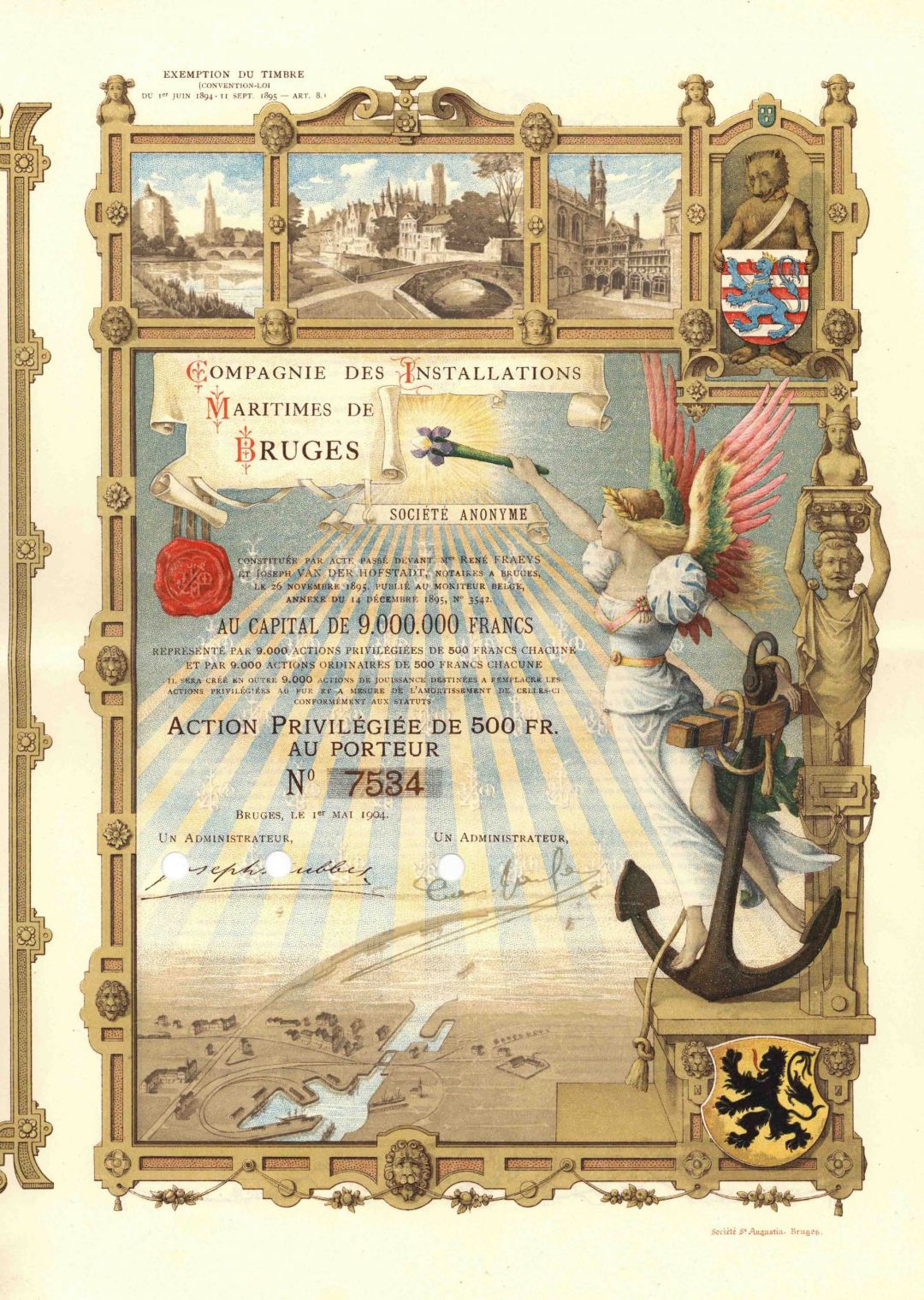 Compagnie des Installations Maritimes de Bruges - Gorgeous Canal and Shipping Stock Certificate