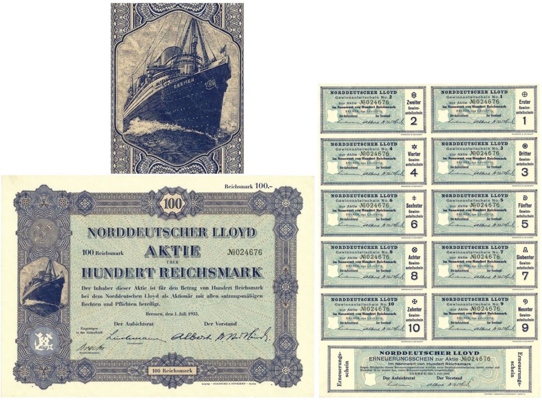 Norddeutscher Lloyd Aktie Uber Hundert Reichsmark - 1933 dated German Shipping Stock Certificate