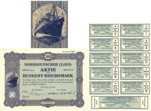 Norddeutscher Lloyd Aktie Uber Hundert Reichsmark - 1933 dated German Shipping Stock Certificate