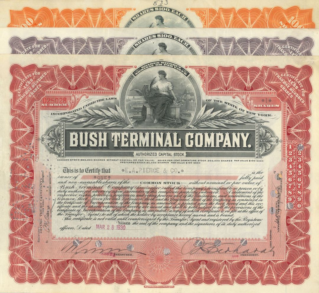 Bush Terminal Co. - 1920's-30's dated Shipping Stock Set of 3 Different Colors - Three Stock Certificate Set