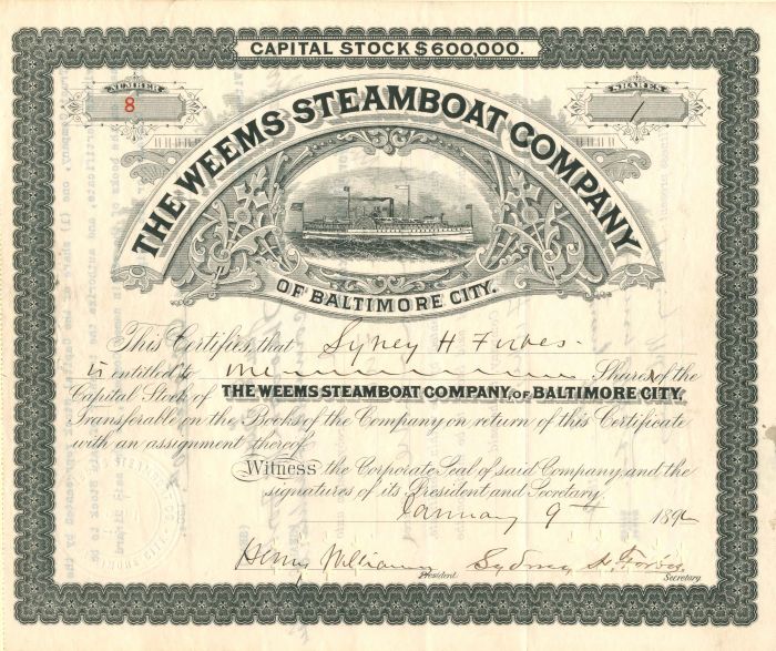 Weems Steamboat Co. - Stock Certificate