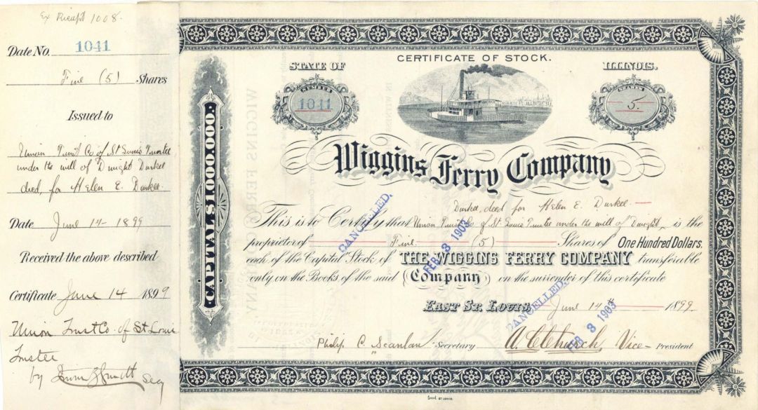 Wiggins Ferry Co. - 1899 dated Stock Certificate