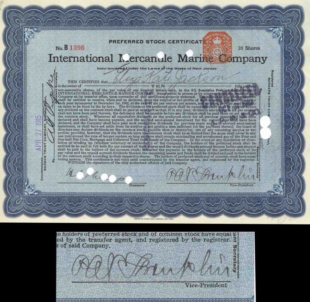 Titanic Stock Signed By P.A.S Franklin who was in Charge During the Titanic Disaster - International Mercantile Marine - Autograph Stock Certificate