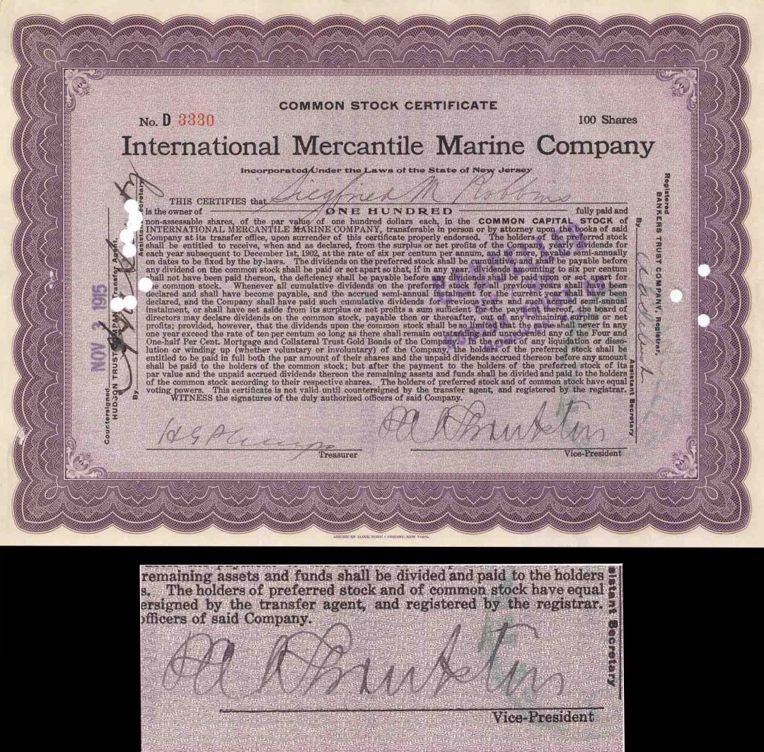 Titanic Stock Signed By P.A.S Franklin who was in Charge During the Titanic Disaster - International Mercantile Marine - Autograph Stock Certificate