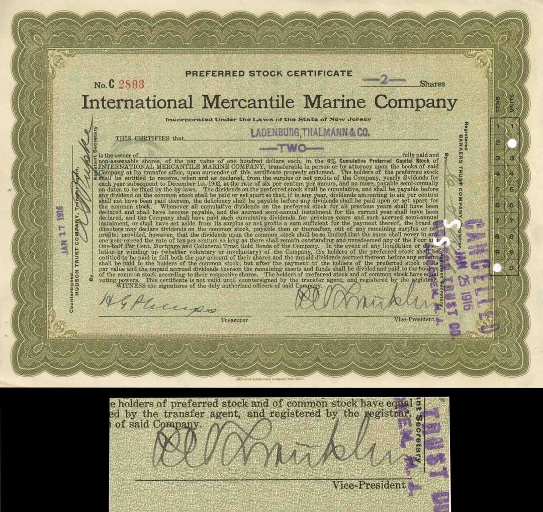 Titanic Stock Signed By P.A.S Franklin who was in Charge During the Titanic Disaster - International Mercantile Marine - Autograph Stock Certificate