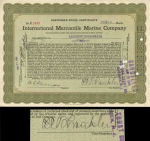 Titanic Stock Signed By P.A.S Franklin who was in Charge During the Titanic Disaster - International Mercantile Marine - Autograph Stock Certificate