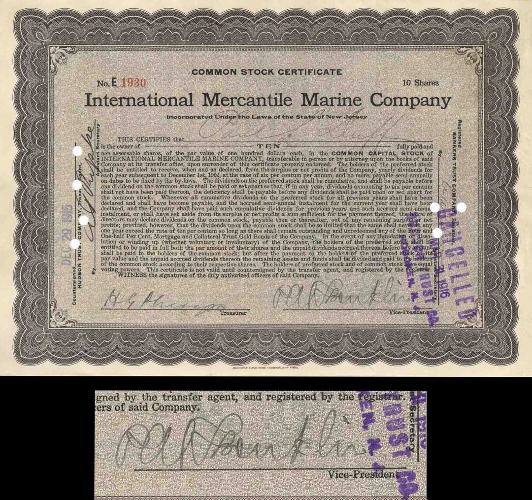 Titanic Stock Signed By P.A.S Franklin who was in Charge During the Titanic Disaster - International Mercantile Marine - Autograph Stock Certificate