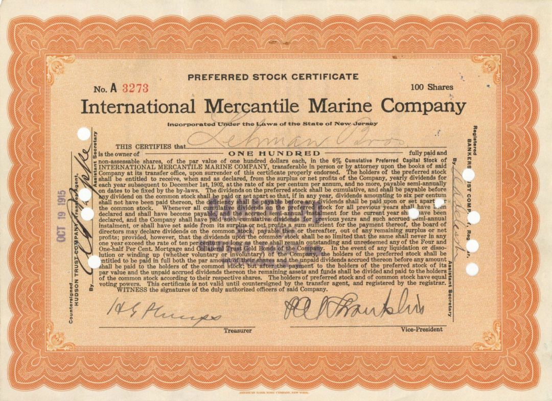Titanic Stock Issued to Lehman Bros. - International Mercantile Marine - 1915 dated Stock Certificate
