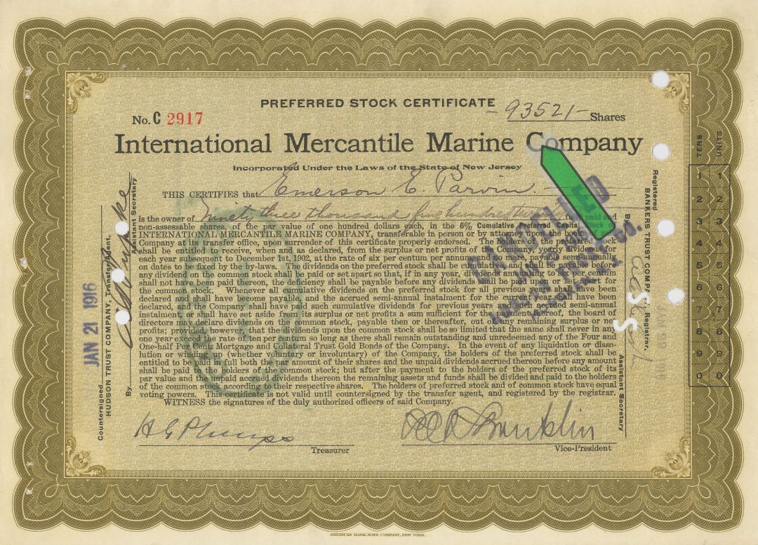 Titanic Stock signed by Philip Franklin with high share amounts - International Mercantile Marine - 1915 or 1916 dated Stock Certificate