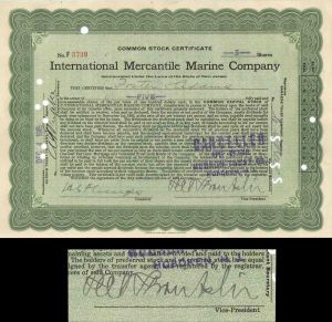 Titanic Stock Signed By P.A.S Franklin who was in Charge During the Titanic Disaster - International Mercantile Marine - Autograph Stock Certificate