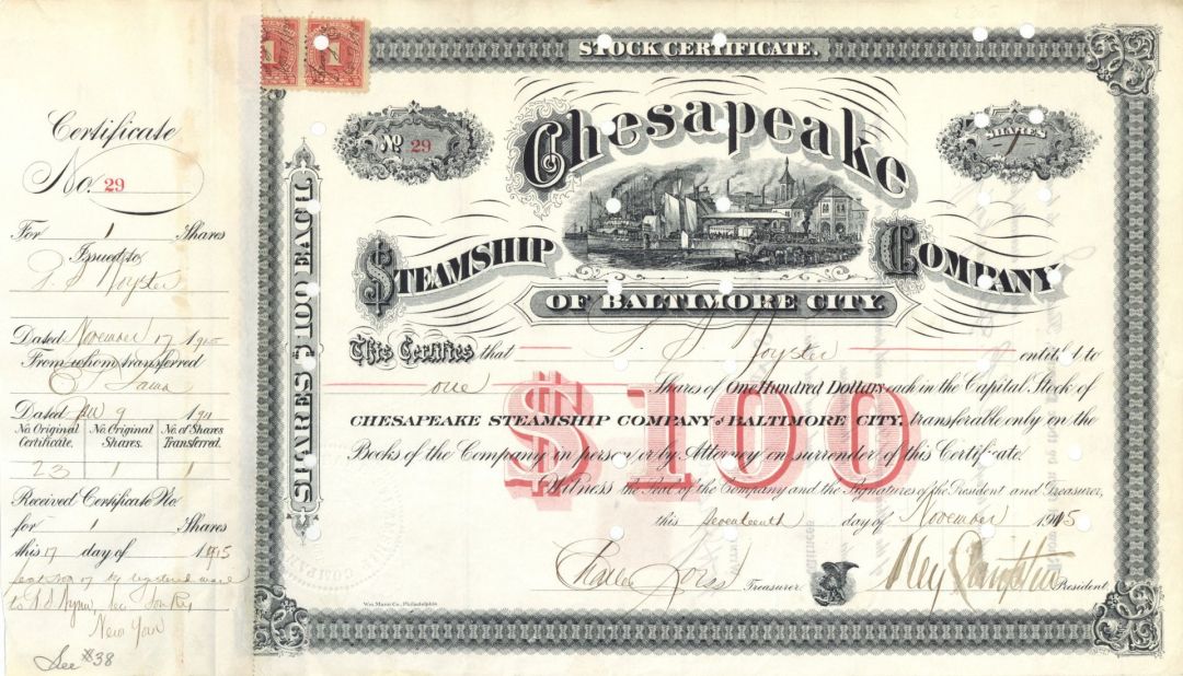 Chesapeake Steamship Co. of Baltimore City - 1915 dated Shipping Stock Certificate