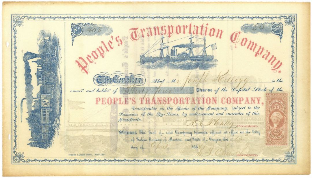 People's Transportation Co. - Shipping Stock Certificate - Fantastic Condition