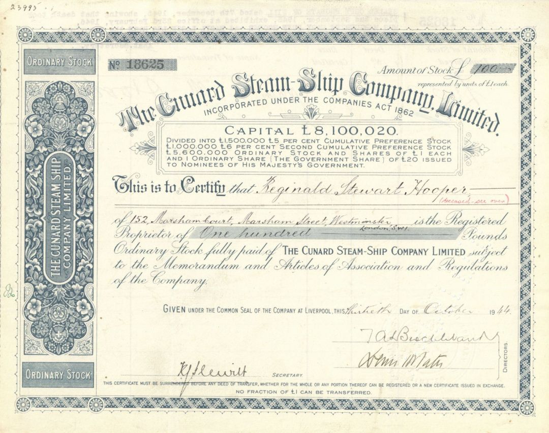 Cunard Steam-Ship Co. Limited - Shipping Stock Certificate