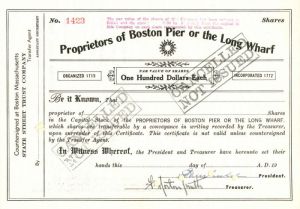 Proprietors of Boston Pier or the Long Wharf - Stock Certificate