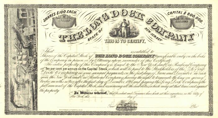 Long Dock Co. - Shipping Stock Certificate - Civil War Era