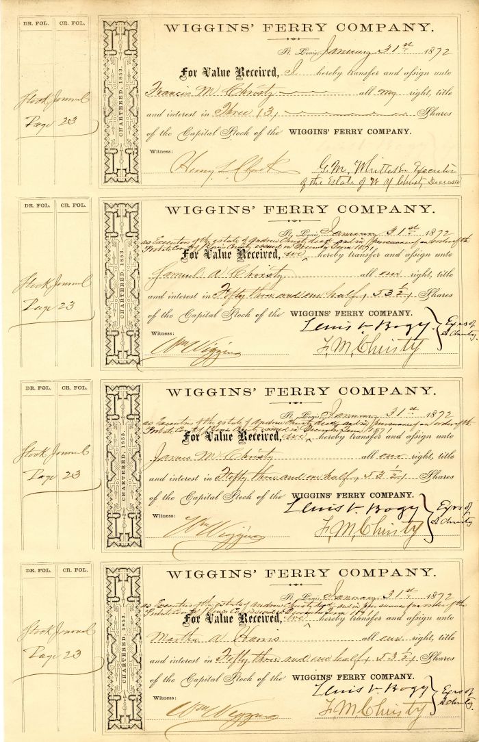 Wiggins' Ferry Co. Sheet of 4 - Shipping Transfer Receipts