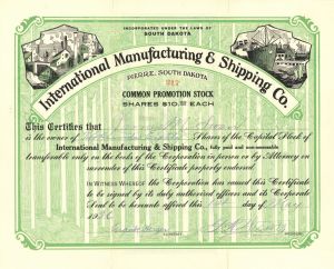 International Manufacturing and Shipping Co. - Shipping Stock Certificate - Pierre, South Dakota