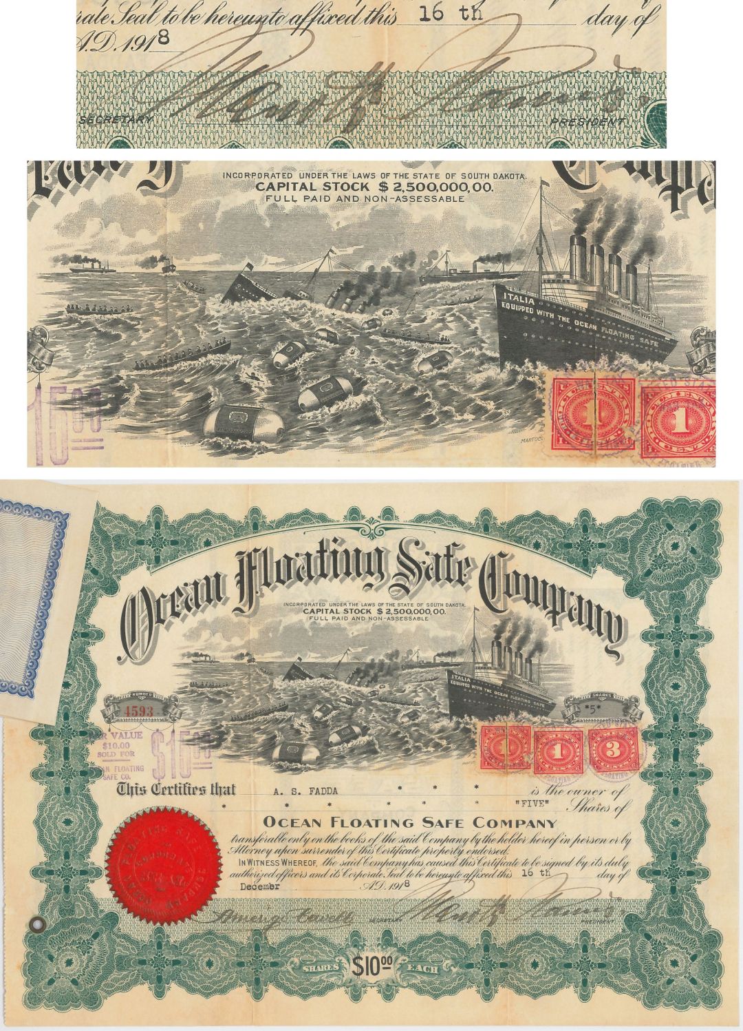 Ocean Floating Safe Co. signed by Menotti Nanni - 1918 dated Autograph Stock Certificate - Inventor and Photographer