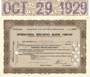 October 29, 1929 dated International Mercantile Marine Stock Certificate - Company that Made the Titanic - October 29, 1929 dated Shipping Stock Certificate