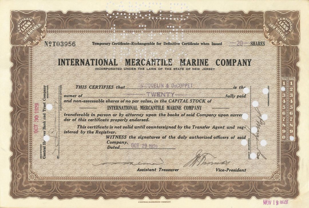 October 29, 1929 dated International Mercantile Marine Stock Certificate - Company that Made the Titanic - October 29, 1929 dated Shipping Stock Certificate