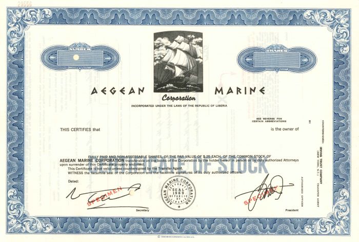 Aegean Marine Corporation - Stock Certificate