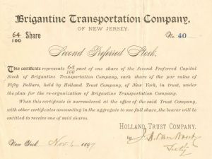 Brigantine Transportation Co. of New Jersey - Stock Certificate