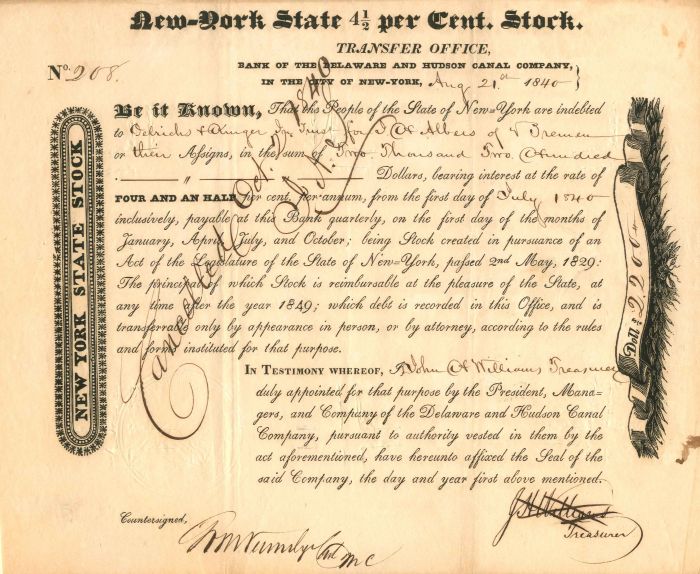 Bank of the Delaware and Hudson Canal Co. - Stock Certificate